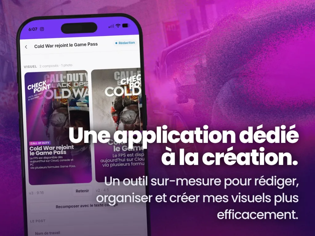 Composition : « Une application dédiée à la création » et l’interface de rédaction Checkpoint