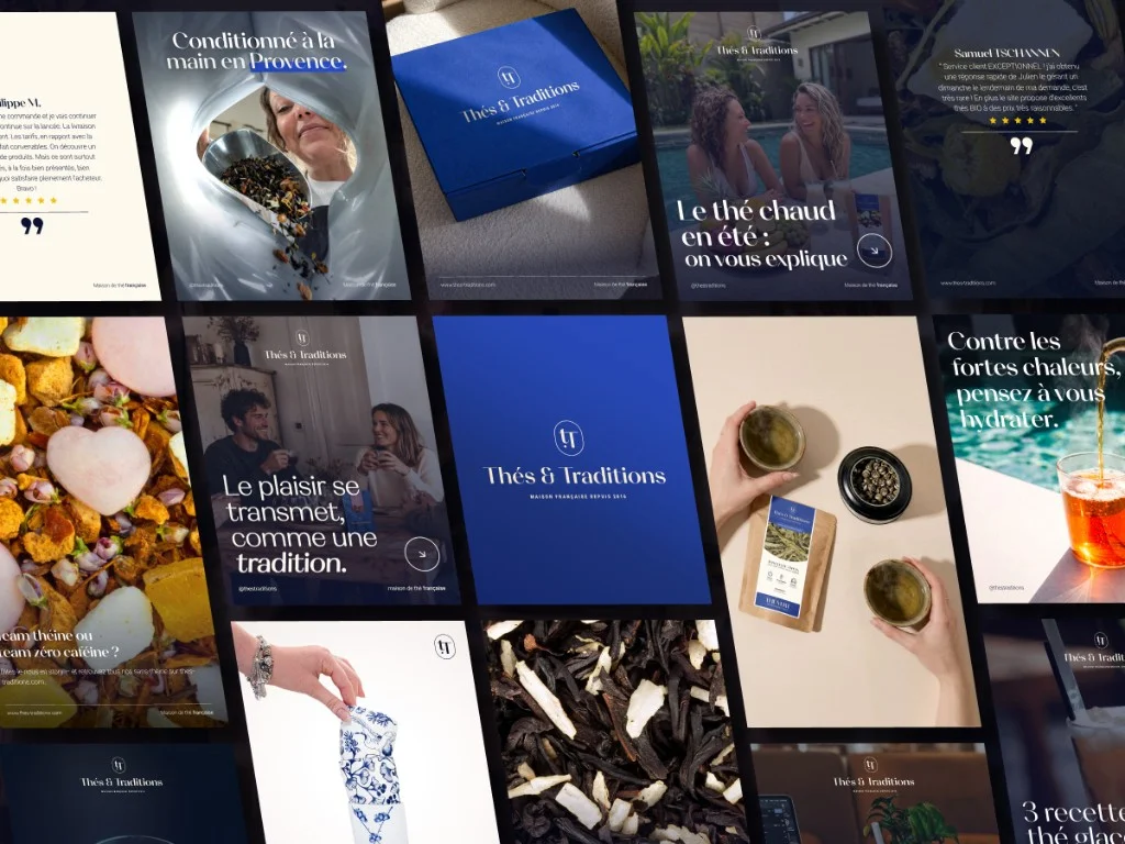 Collage de visuels de marque Thés & Traditions : packshots, mises en situation et contenus réseaux sociaux